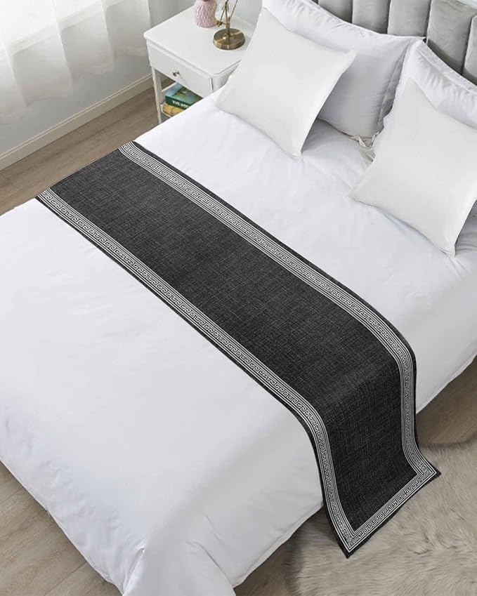Greece Key Design Black White Bed Runners for Bedroom Hotel,Decorative Bedding Scarf Vintage Burlap Linen Bed End Blanket Bedding Runner Scarves for Queen Size Bed,94x20in