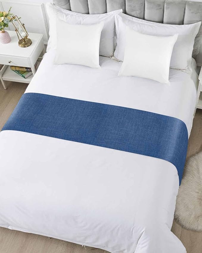 Retro Farm Linen Flax Bed Runners for Bedroom Hotel,Decorative Bedding Scarf Blue Solid Color Ocean Bed End Blanket Bedding Runner Scarves for Full Size Bed,83x20in