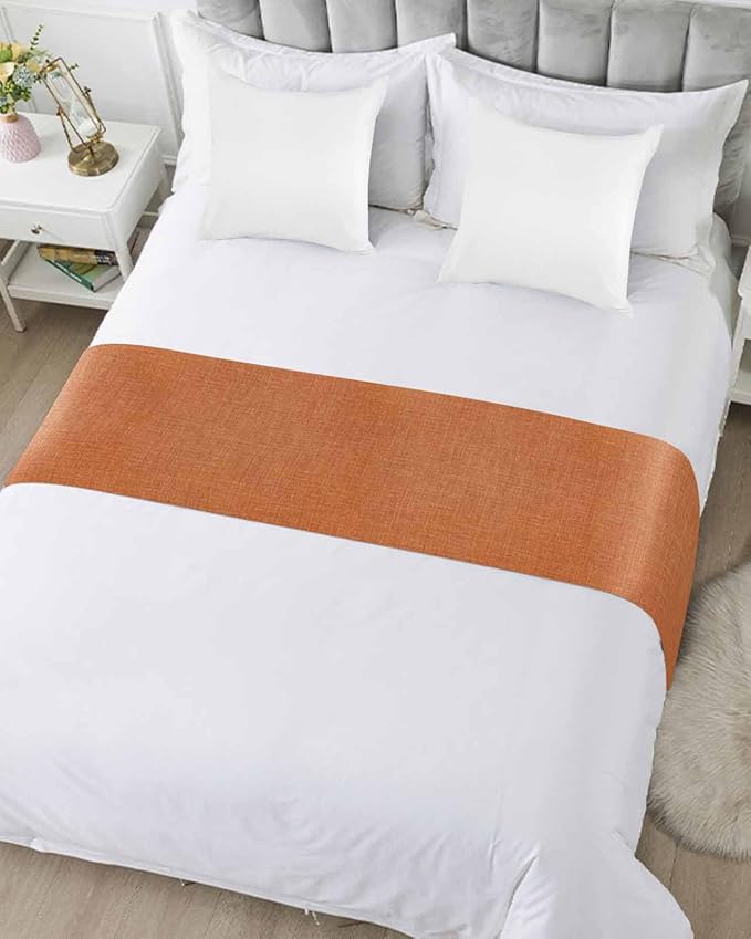 Vintage Orange Linen Burlap Bed Runners for Bedroom Hotel,Decorative Bedding Scarf Farm Fall Thanksgiving Bed End Blanket Bedding Runner Scarves for Full Size Bed,83x20in