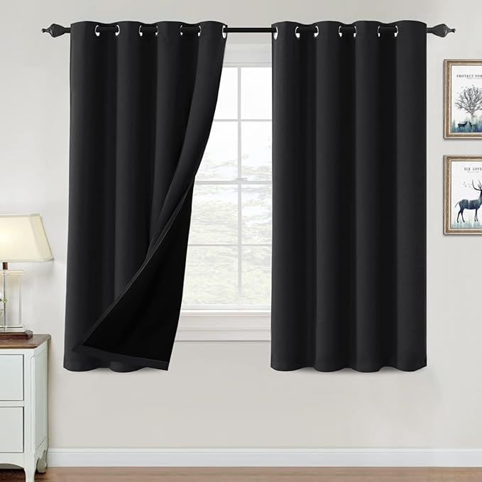 H.VERSAILTEX 100% Blackout Curtains for Bedroom Thermal Insulated Blackout Curtains 54 inch Length Heat and Full Light Blocking Curtains for Living Room with Black Liner 2 Panels Set, Jet Black