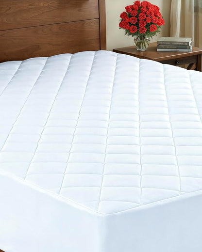 Quilted Fitted Mattress Pad Twin Size - Elastic Fitted Mattress Topper Protector & Cover - Breathable, Soft, Low Profile Top Cover with 8-16 Inch Deep Pockets - Easy-Fit and Machine Washable - White