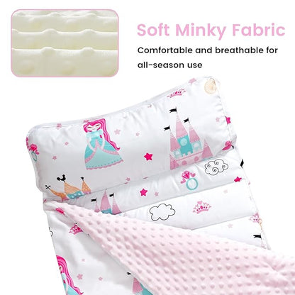 david's kids Toddler Nap Mat with Removable Pillow and Minky Fleece Blanket, Ultra Soft Slumber Bags for Girls, Perfect for Preschool, Daycare, Kids Sleeping Bags with Rollup Design, 50"x20", Princess