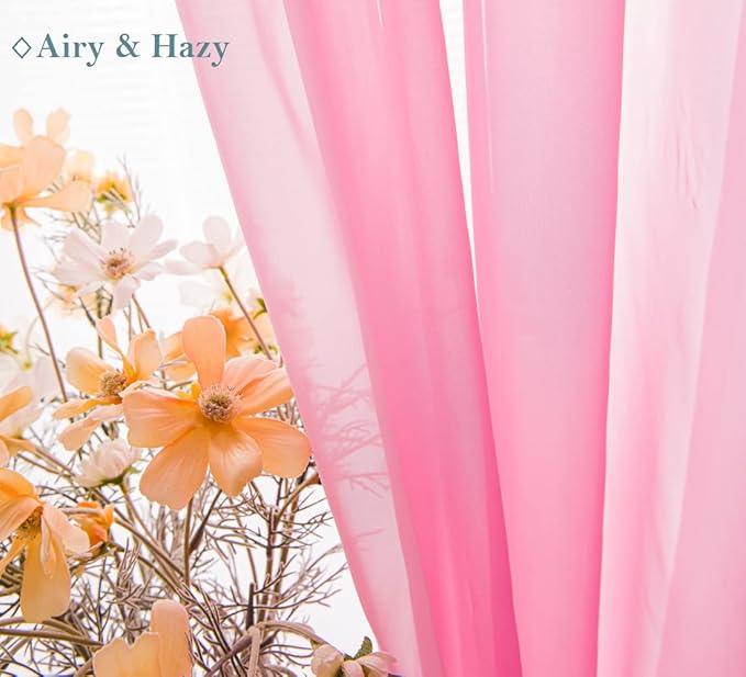PI Pink Sheer Short Curtains 63 Inches Long with Grommet,Lightweight Voile Window Treatment for Girls Room 2 Panels (W42 X L63, Bright Pink)