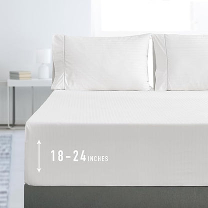 Sunflower Queen Fitted Sheet, 1-Piece Extra Deep Pocket Fitted Bottom Sheet 22", 100% Cotton Jacquard Damask Sheets Sateen Weave Soft Breathable, White Striped