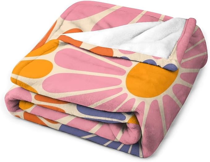 1970s Hippie Floral Throw Blanket, Retro Orange Pink Blue Flower Boho Groovy Daisy Flowers Comfortable Blanket for Couch Sofa Couch Chair 60"x80"
