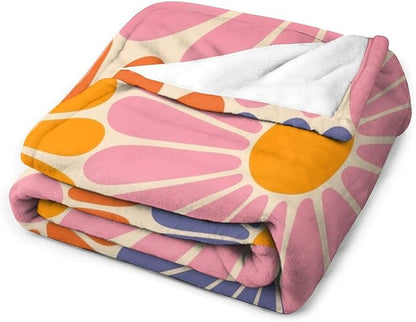 1970s Hippie Floral Throw Blanket, Retro Orange Pink Blue Flower Boho Groovy Daisy Flowers Comfortable Blanket for Couch Sofa Couch Chair 60"x80"