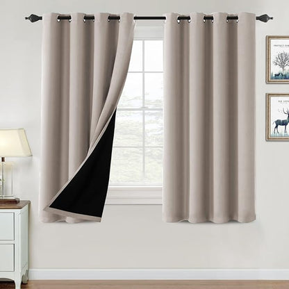 H.VERSAILTEX 100% Blackout Curtains for Bedroom Thermal Insulated Blackout Curtains 54 inch Length Heat and Full Light Blocking Curtains for Living Room with Black Liner 2 Panels Set, Natural Sand