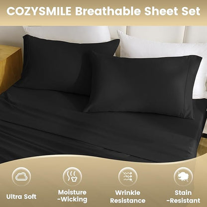 King Size Sheet Set - Luxury 4 Piece Silky Soft & Breathable Cooling Sheets for King Size Bed, 16" Deep Pocket Easy Care Bed Sheet Set Wrinkle Free Bedding Sheet and Pillowcase Set, Black
