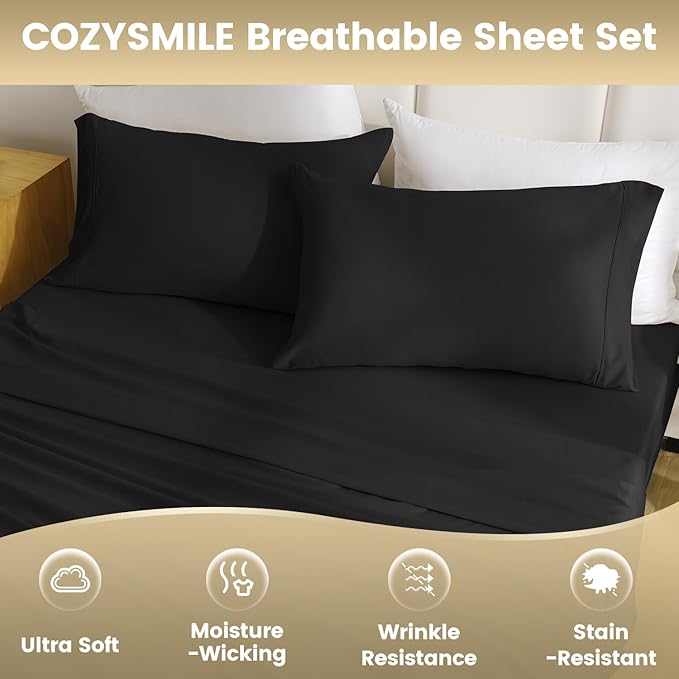 Twin Sheet Set - 3 Piece Super Soft Breathable Bed Sheet & Pillowcase Set, 16" Deep Pocket Hotel Luxury Wrinkle Free Easy Care Bedding Sheets, Black