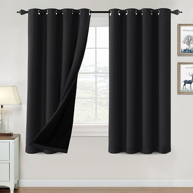 H.VERSAILTEX 100% Blackout Curtains for Bedroom Thermal Insulated Blackout Curtains 63 inch Length Heat and Full Light Blocking Curtains for Living Room with Black Liner 2 Panels Set, Jet Black