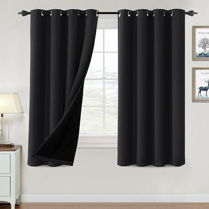 H.VERSAILTEX 100% Blackout Curtains for Bedroom Thermal Insulated Blackout Curtains 63 inch Length Heat and Full Light Blocking Curtains for Living Room with Black Liner 2 Panels Set, Jet Black