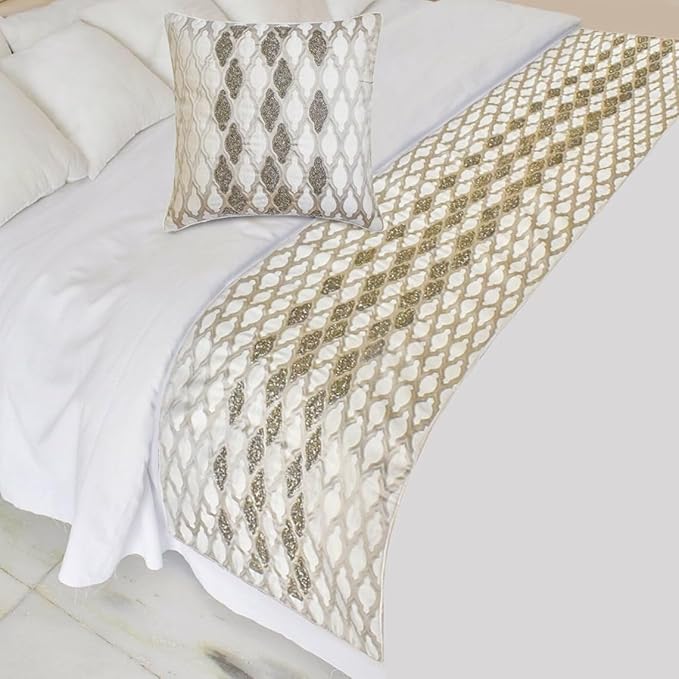 The HomeCentric King/Queen/Twin Ivory Decorative Queen 74"x18" Bed Runner with Two Pillow Cover, Bead Hand Embroidery Bed Scarf on Jacquard Fabric - Priscilla Dazzle