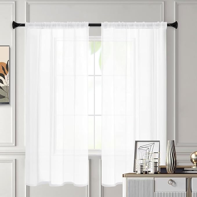 White Sheer Curtains 54 Inches Long 2 Panels, Rod Pocket Short Curtain for Kitchen, Bedroom, Cafe Window(White 38" W x 54" L)