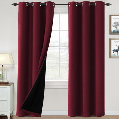 H.VERSAILTEX 100% Blackout Curtains for Bedroom Thermal Insulated Blackout Curtains 84 inch Length Heat and Full Light Blocking Curtains for Living Room with Black Liner 2 Panels Set, Burgundy