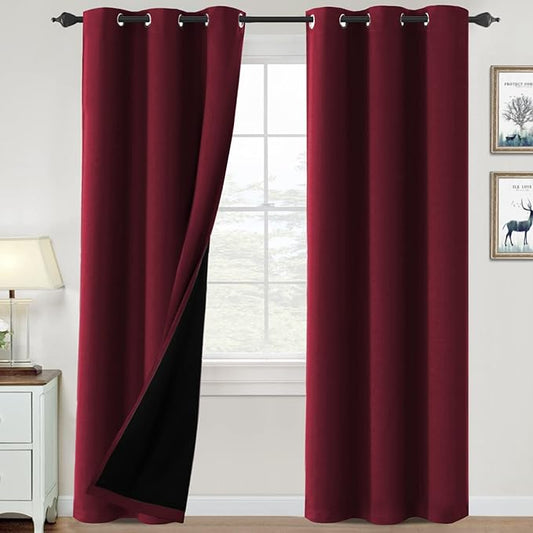 H.VERSAILTEX 100% Blackout Curtains for Bedroom Thermal Insulated Blackout Curtains 84 inch Length Heat and Full Light Blocking Curtains for Living Room with Black Liner 2 Panels Set, Burgundy