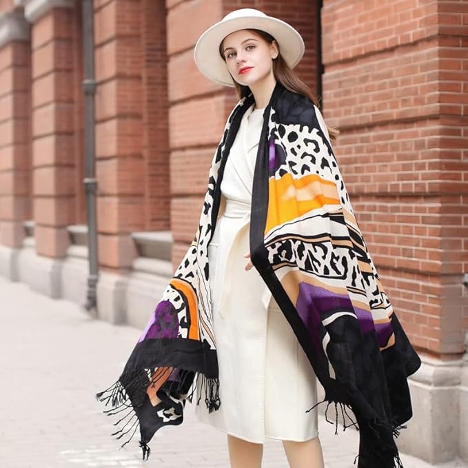 DANA XU 100% Merino Wool Pashmina Shawl for Women 96"x43", Oversized Cashmere Wrap with Tassels, Floral Travel Blanket Cape
