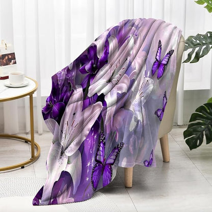 Purple Butterfly Flower Throw Blanekts Butterfly Blankets Soft Lightweight Cozy for Bed Couch Sofa Birthday Gifts Women Gifts for Her Anniversary Valentines Mothers Day Flower Gifts 50"x60"