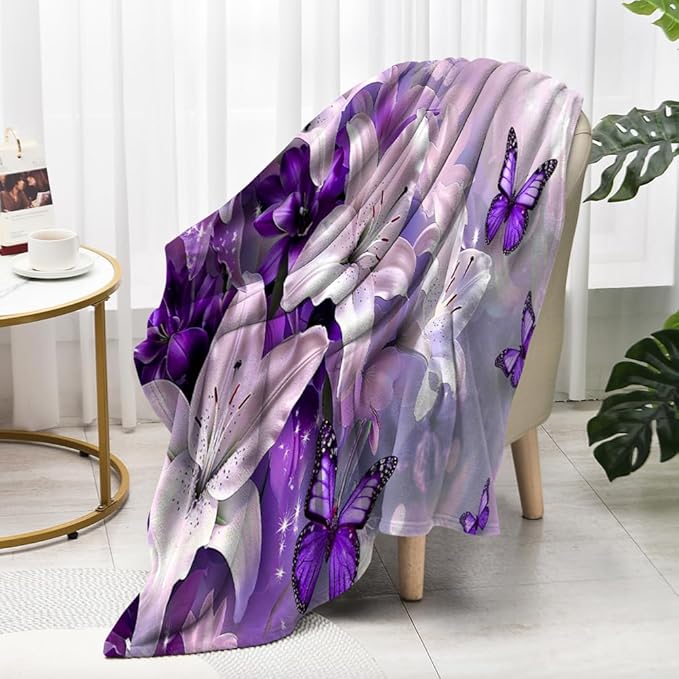 Purple Butterfly Flower Throw Blanekts Butterfly Blankets Soft Lightweight Cozy for Bed Couch Sofa Birthday Gifts Women Gifts for Her Anniversary Valentines Mothers Day Flower Gifts 60"x80"