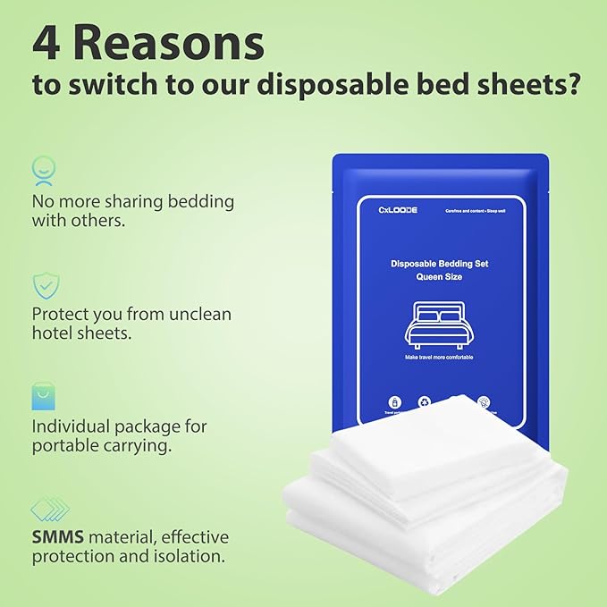 2 Pack Disposable Bed Sheet Queen Size, Disposable Sheet for Travel, Disposable Sheets with Quilt Cover and Pillowcase,Travel Sheet for Hotel Travel Essentials for Cruise,Camping,SPA