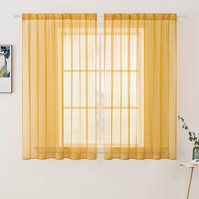 MIULEE 2 Panels Solid Color Sheer Window Curtains Elegant Window Voile Fall Panels/Drapes/Treatment for Bedroom Living Room (54X45 Inches Gold)