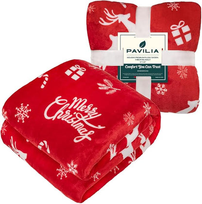PAVILIA Christmas Throw Blanket | Holiday Christmas Reindeer Snowflakes Fleece Blanket | Soft, Plush, Warm Winter Cabin Throw, 50x60 (Red Reindeer)