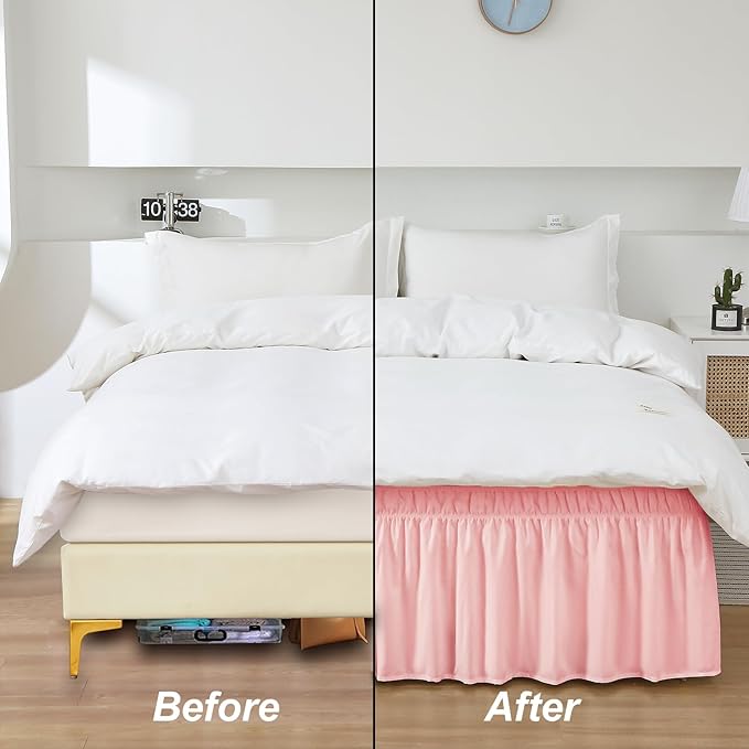 MEILA Wrap Around Bed Skirt Three Fabric Sides Elastic Dust Ruffled 24 Inch Tailored Drop,Easy to Install Fade Resistant-Pink, Twin/Full