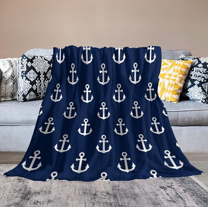 Anchor Blanket Vintage Rustic Ocean Nautical Style Navy Blue White Soft Cozy Lightweight Throw Blanket for Kids Girls Boys Women Men Bedroom Living Room Dorm Chair Sofa Travel 70x80in