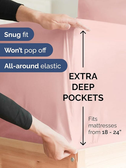 Extra Deep Split King Fitted Sheet - Hotel Luxury Single Fitted Sheet Only - Easily Fits 18 inch to 24 inch Mattress - Ultra Soft, Wrinkle Free w/Extra Deep Pockets - Breathable & Comfy - Baby Pink