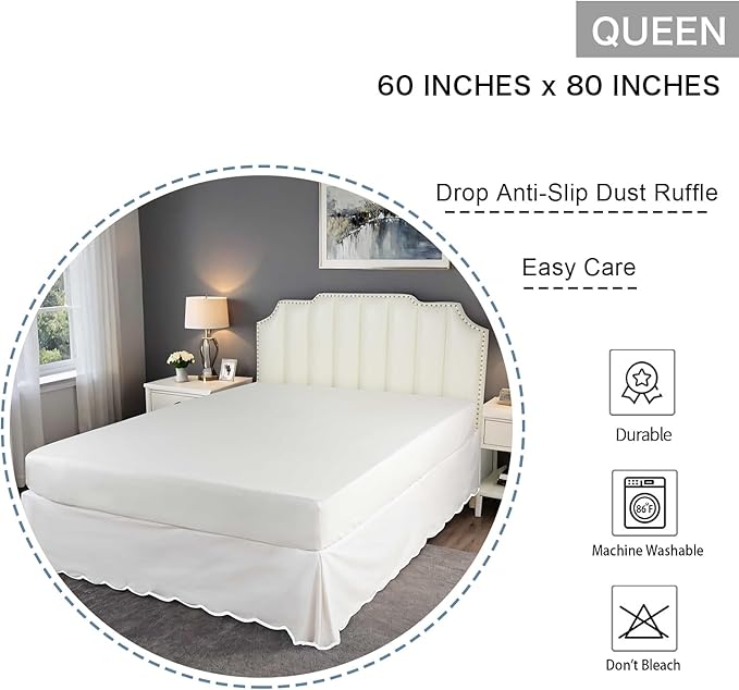 HIG Off-White Chic Queen Bed Skirt - Easy Fit Scallop Edge Pleated Bedskirts, 14 Inch Drop Anti-Slip Dust Ruffle, Thick Fabric for Enhanced Privacy, Pre-Washed for Long-Lasting Use(N60022)