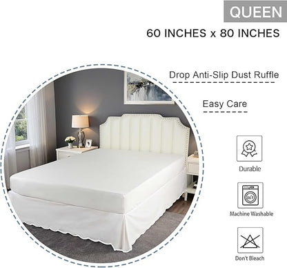 HIG Off-White Chic Queen Bed Skirt - Easy Fit Scallop Edge Pleated Bedskirts, 14 Inch Drop Anti-Slip Dust Ruffle, Thick Fabric for Enhanced Privacy, Pre-Washed for Long-Lasting Use(N60022)