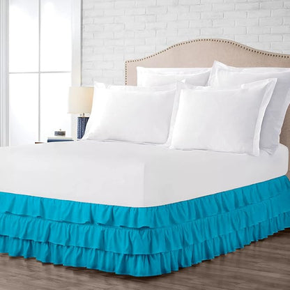 Multi-Ruffle Bed Skirt, Soft Multi Elastic Dust Ruffles with Wrap Around Bed Skirt Easy Fit with 18 Inch Drop 100% Cotton 800 Thread Count (Full XL, Turquoise Blue)