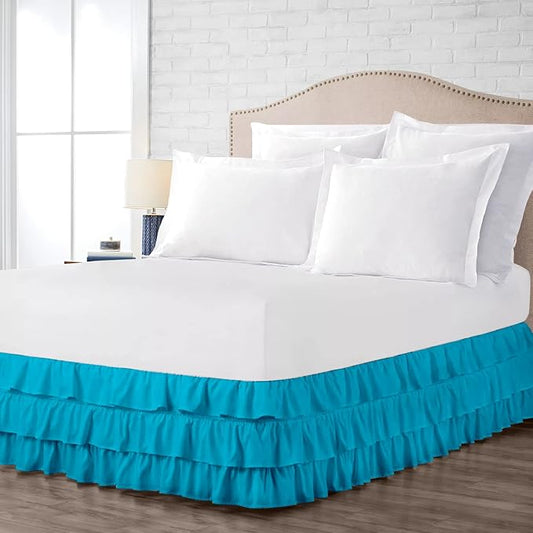 Multi-Ruffle Bed Skirt, Soft Multi Ruffle Bed Skirt Elastic Dust Ruffles with Wrap Around Bed Skirt Easy Fit with 18 Inch Drop 100% Cotton 800 Thread Count Bed Skirt (King, Turquoise Blue)