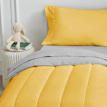 UOZZI BEDDING Yellow 4 Pieces Toddler Bedding Set Ultra Soft and Breathable Toddler Sheet Set - Includes Comforter, Flat Sheet, Fitted Sheet and Pillowcase (Yellow with Gray)