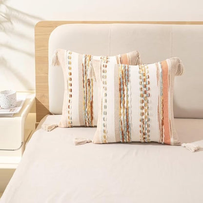 Boho Throw Pillow Covers 18x18 Set of 2 Woven Tufted Farmhouse Pillows Cover with Tassels Textured Striped Cushion Case Neutral Pillow Cases Decorative Pillowcase for Sofa Couch Bed,Orange