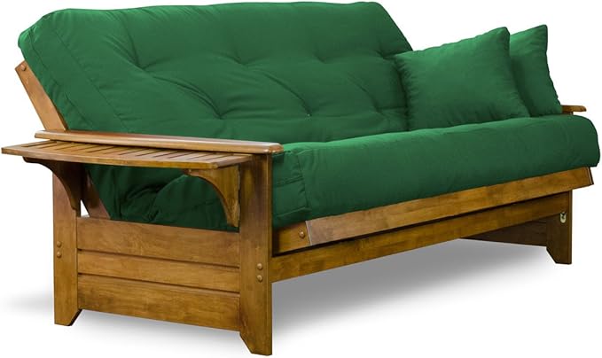 Nirvana Futons Brentwood Tray Arm Futon Sofabed Set - Queen Frame, 8" Hunter Green Mattress, Rich Heritage Finish