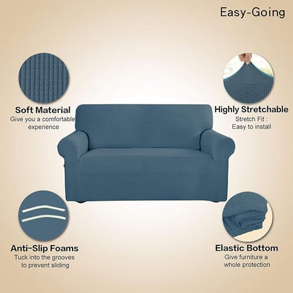 Easy-Going Stretch Oversized Sofa Slipcover 1-Piece Sofa Cover Furniture Protector Couch Soft with Elastic Bottom for Kids, Polyester Spandex Jacquard Fabric Small Checks Bluestone