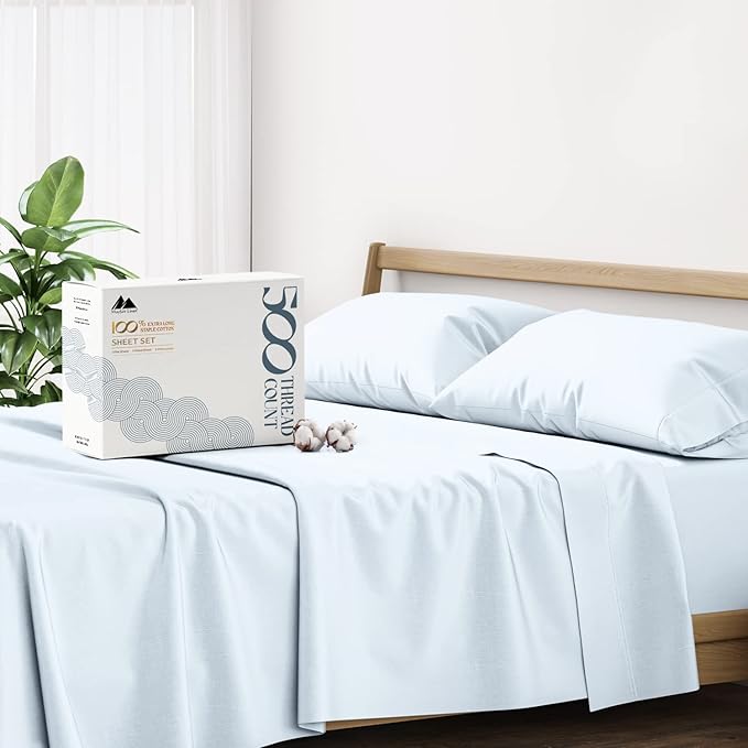 Mayfair Linen 100% Egyptian Cotton Split King Sheets Sets for Adjustable Bed - 500 Thread Count Split Top King Sheet (5 PC, Light Blue), Soft, Cooling, Sateen Weave 16" Deep Pocket Hotel Sheet