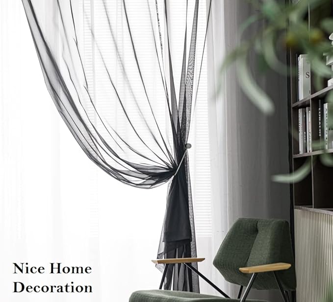 PI Black Sheer Curtains with Grommets,Hazy Sheer Voile Window Draperies for Home Decoration/Living Room 2 Panels (W52 X L108, Black)
