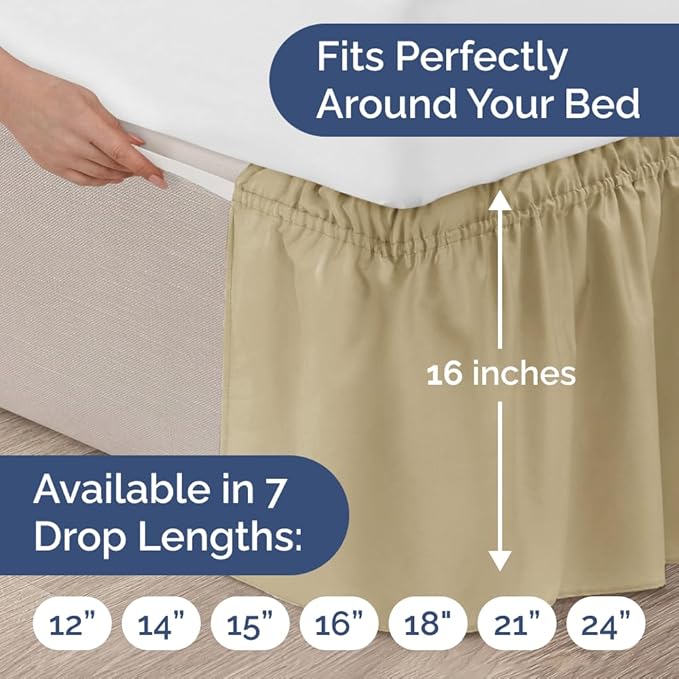 Wrap Around Dust Ruffle Bed Skirt - Beige - for Queen Size Beds w/ 16 Inch Drop - Easy Fit Elastic Strap - Adjustable Pleated Bedskirt w/Brushed Fabric, Wrinkle & Fade Free Women, Men, Kids & Teens