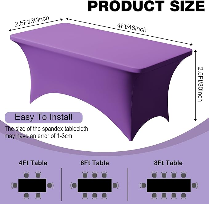 Trlyc 2 Pack 4FT Spandex Table Cloth - 48 x 30 Inch Rectangular Stretch Tablecloth, Wrinkle Resistant Scretch Table Cover for Wedding, Party, Banquet, Picnic, Outdoor Decoration (2Pcs,Purple)