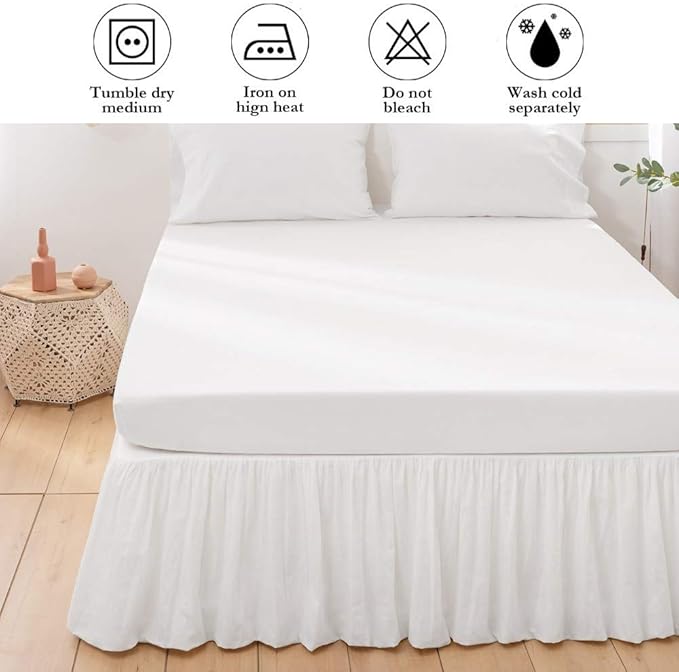 BISELINA French Linen Bed Skirt with Pleated Frills 14-Inch Tailored Drop Natural Flax Cotton Blend Dust Ruffle Soft Cozy Farmhouse Bedding (14" Full, White)