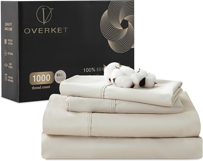 1000 Thread Count Egyptian Cotton Sheets Queen Size Set Sateen Weave Soft Breathable 16-Inch Deep Pocket 4PCS（Queen,Linen）