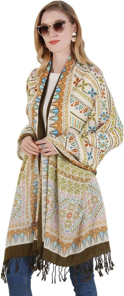 DANA XU 100% Merino Wool Pashmina Shawl for Women 96"x43", Oversized Cashmere Wrap with Tassels, Floral Travel Blanket Cape