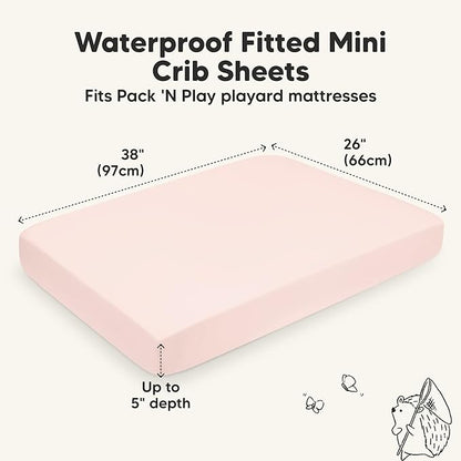 2-Pack Waterproof Pack and Play Sheets, Mini Crib Sheets Fitted for Boy, Girl - 38 x 26 Viscose from Bamboo Pack N Play Mattress Sheets for Graco, Toddler Playard Baby Crib Sheets Neutral (Mist Rose)