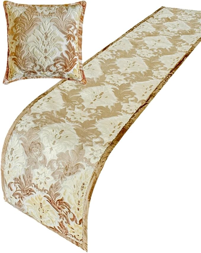 The HomeCentric King/Queen/Twin Beige Decorative Full 68"x18" Bed Runner with Two Pillow Cover, Damask Bed Scarf on Velvet Fabric - Emmeline