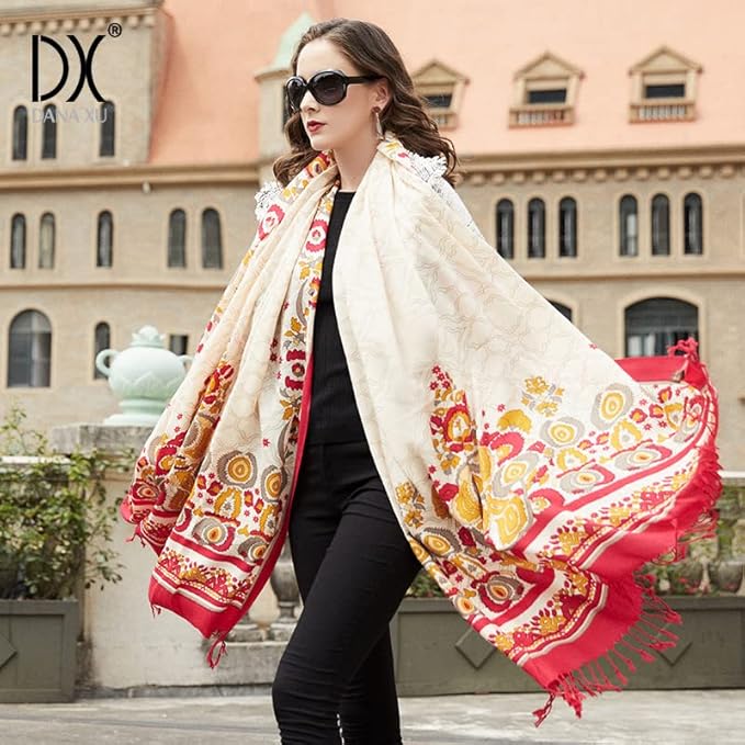 DANA XU 100% Merino Wool Pashmina Shawl for Women 96"x43", Oversized Cashmere Wrap with Tassels, Floral Travel Blanket Cape
