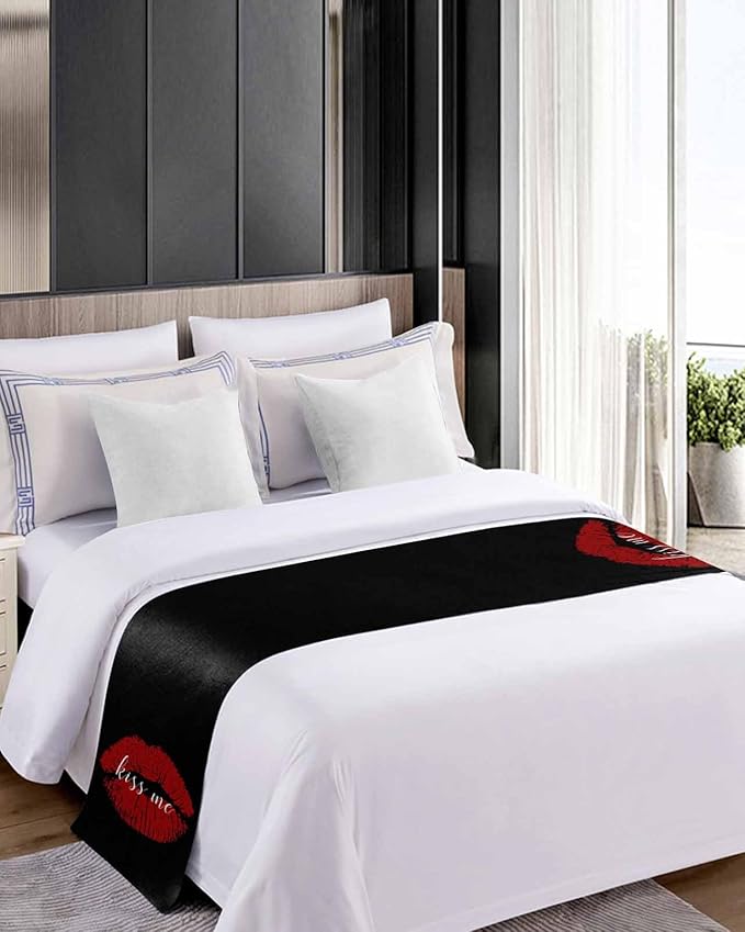 Red Lip Print Kiss Me Bed Runners for Bedroom Hotel,Decorative Bedding Scarf Black Back Bed End Blanket Bedding Runner Scarves for Full Size Bed,83x20in
