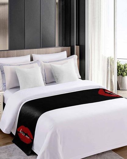 Red Lip Print Kiss Me Bed Runners for Bedroom Hotel,Decorative Bedding Scarf Black Back Bed End Blanket Bedding Runner Scarves for King Size Bed,102x20in
