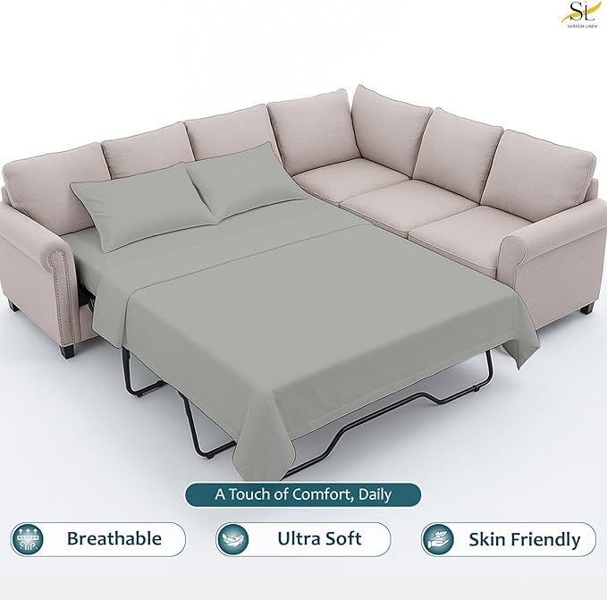 Luxury Queen Sleeper Sofa Bed Sheet Set,100% Egyptian Cotton, 338 Thread Count, Queen Size (60 x74 +6 Inch Deep Pocket) Soft and Light Weight 4pcs Sofa Set (Light Grey Solid)