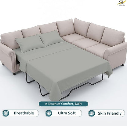 Luxury Queen Sleeper Sofa Bed Sheet Set,100% Egyptian Cotton, 338 Thread Count, Queen Size (60 x74 +6 Inch Deep Pocket) Soft and Light Weight 4pcs Sofa Set (Light Grey Solid)
